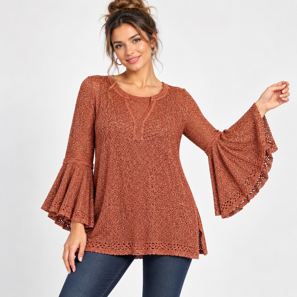Chico's Bell Sleeve Knit Top Women 1 M Rust Metallic Crochet Mesh Layered Tunic